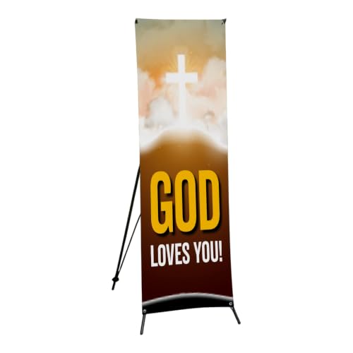DreamController Church X-Stand Banner by DC | 30"x65" Tripod Display | God Loves You Vertical Banner for Trade Shows & Events | Made in USA | (Stand Not Included)
