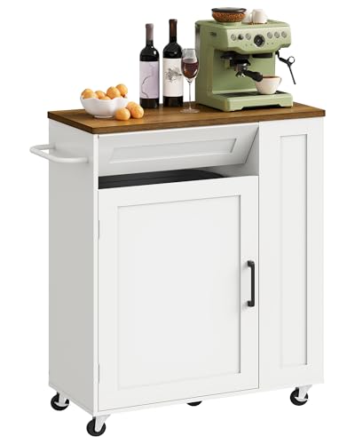 CHOEZON Carrito de Cocina Móvil con Isla, Carro con Compartimento Oculto para Basura, Carrito de Cocina con 5 Ruedas Giratorias, Cajón, Estantes y Toallero, para Cocina, Blanco y Nogal DMZD06WL