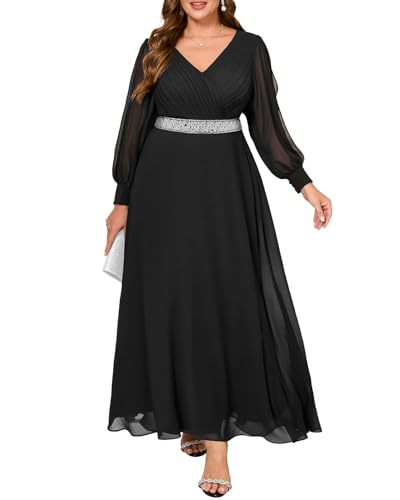 Pinup Fashion Women Plus Size Formal Dresses - Evening Gown Long Sleeve Chiffon Beading Maxi Dress