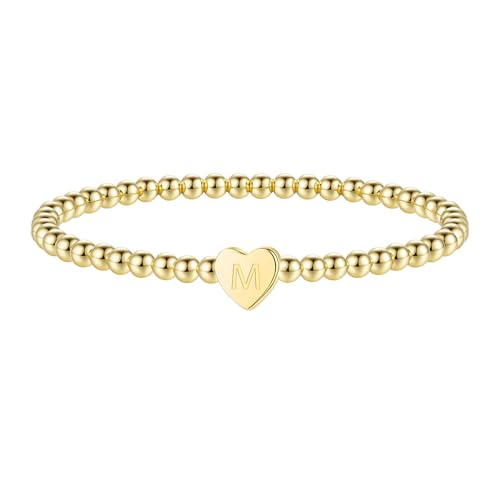Image of Heart Initial Bracelets for Women Girls - 14K Gold Plated Letter Initial Bracelet Beaded Heart Bracelets for Women Trendy Kids Teen Girl Gifts Trendy Stuff Gold Jewelry