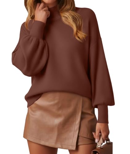 Image of WEACZZY Women's Sweater Mock Neck Long Lantern Sleeve Lightweight Knit Tops