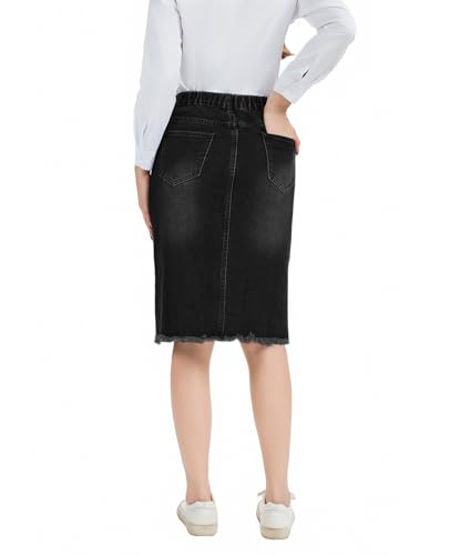 MINTLIMIT Women's Jean Skirt High Waist Front Slit 2025 Frayed Raw Hem Waistband on Back Casual Stretchy Midi Denim Skirts3