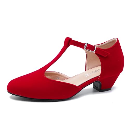 Image of MAIERNISI JESSI Women's T-Strap Mary Jane Pumps, Low Block Heel, Closed Toe, Buckle Ankle Strap