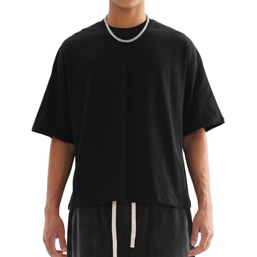 Mens Boxy Cropped T-Shirts Cotton Crew Neck Comfort Casual Streetwear Tops (US, Alpha, Large, Regular, Regular, Black)