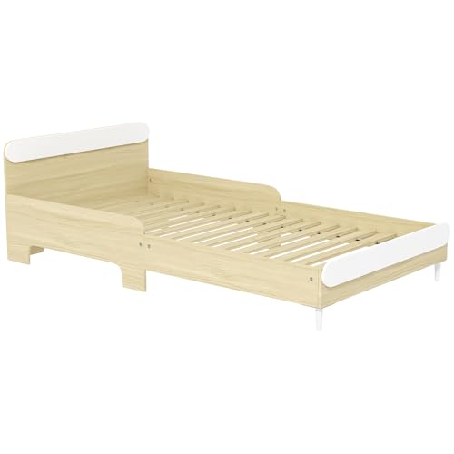 AIYAPLAY Letto per Bambini 90x190 cm con Struttura in Legno di Pino e Barriere di Protezione, Lettino per Bambini 3-10 Anni Rettangolare per Cameretta, Bianco e Color Legno
