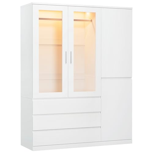 Dripex Vier Tore Kleiderschrank, Minimalistischer Wardrobe Closet mit Einer Kleiderstange und 3 Schubladen | 120 x 48 x 180cm | Weiß, für Schlafzimmer Kleiderschränke
