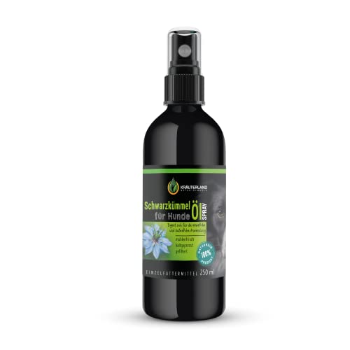 Kräuterland Schwarzkümmelöl Spray für Hunde 250ml - kaltgepresst, gefiltert, nativ - Schwarzkümmel Öl Sprühflasche für unterwegs - Fütterung & Fellpflege in Premium Qualität
