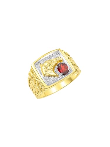 Image of Rylos Men's Yellow Gold-Plated Sterling Silver Lucky Nugget Horse Head Ring with 6X4MM Gemstone and Diamonds - Birthstone Elegance for Men, Sizes 8-13 Available