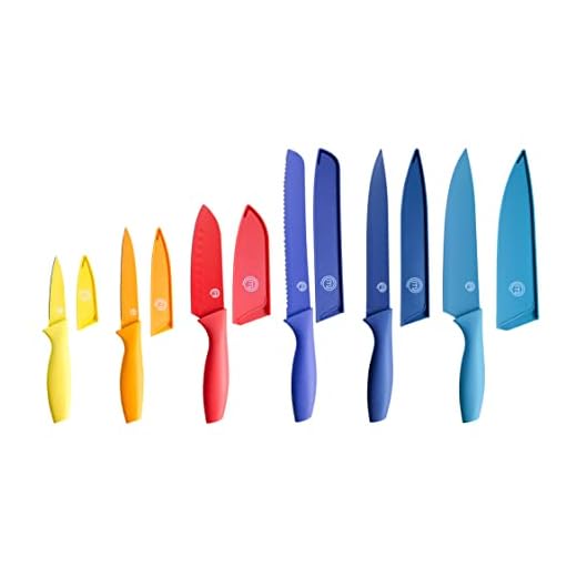 MasterChef Knife Set, Kitchen Knives inc. Utility, Paring, Chef, Boning & Santoku Knives with Stainless Steel Sharp Blades & Color Guard, Professional, Function Coded, 12 Pieces, Rainbow Collection