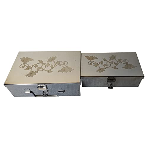 GinoSet® Steel Storage Boxes,Cash, Pooja Peti,Organizer,Safe Locker Box 8 inch & 9 Inch, Storage Box (Steel) With Laser Print Design (Standard)