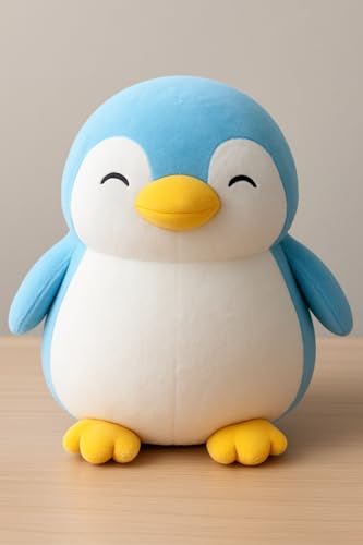 Image of Blue Penguin Plush Stuffed Animal, Cute Smiling Face Design with Yellow Beak and Feet, Soft Cuddly Toy for Kids (Penguin BLUE-28CM)