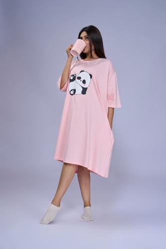 Image of LAMA STORE Women's Printed Oversized T-Shirt Dress, Cotton, 3 /4 Sleeve Length, Casual Loose Fit, Comfort Wear Extra Comfy Oversized Printed Pocket T-Shirt Dress