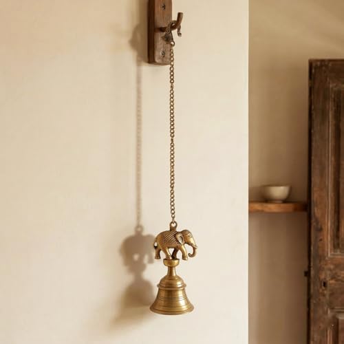 Image of ExclusiveLane 'Sacred Elephant' Brass Decorative Hanging Bell (100% Pure Brass, 63.6 Cm, 1.1 Kg, Hand-Etched) | Mandir Hanging Bells for Pooja Room Temple Bells for Mandir