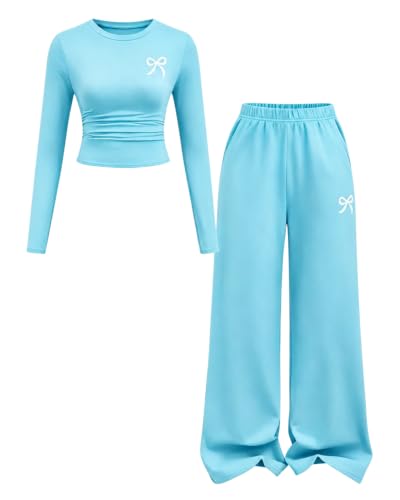 Image of Tween Girls Clothes Long Sleeve Bow Knot Print Top + Wide Leg Pants 2 Piece Outfit Set, Size 7-16 Years