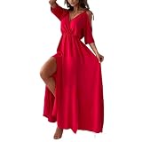 Elegantes, Sexy V-Ausschnitt-Kleid Mit Seitenschlitz Für Damen,Kleid Mit Tiefem V-Ausschnitt Und Sexy Seitenschlitzen Für Lange Kleider (Rot,L)