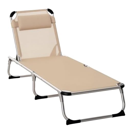 Outsunny Foldable Outdoor Sun Lounger, Reclining Lounge Chair Camping Bed Cot with Pillow 4-Level Adjustable Back Aluminium Frame, Khaki