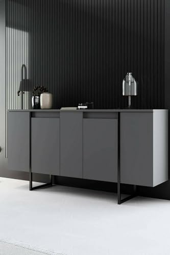 Dmora - Credenza Betel, Buffet da soggiorno, Madia da salotto, Dispensa da cucina, 160x35h80 cm, Antracite e Nero