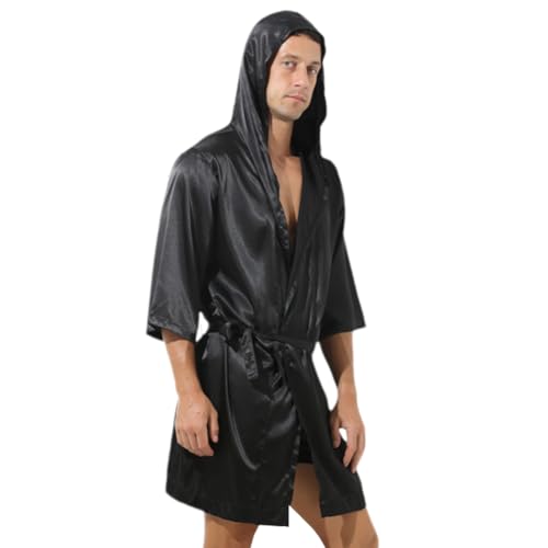 IBAKOM Men Pajama Satin Robe Hooded Bathrobe Sleepwear Long Sleeve Hoodie Sleep Robes Nightgown Nightwear