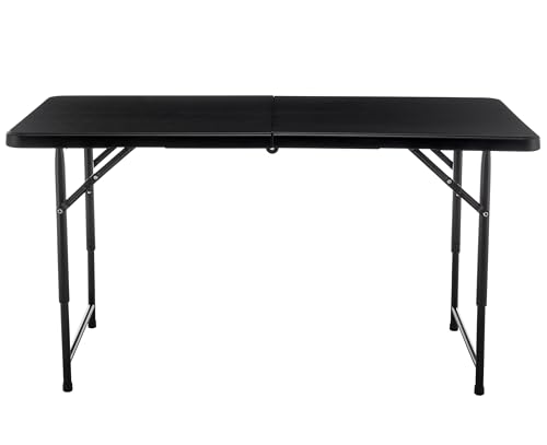 Image of BTEXPERT 4 Foot Fold-in-Half Folding Utility Table, Height Adjustable Portable Plastic Table w /Carry Handles, Lightweight Commercial Grade Indoor Outdoor for Picnic, Camping, Office Home Party Black