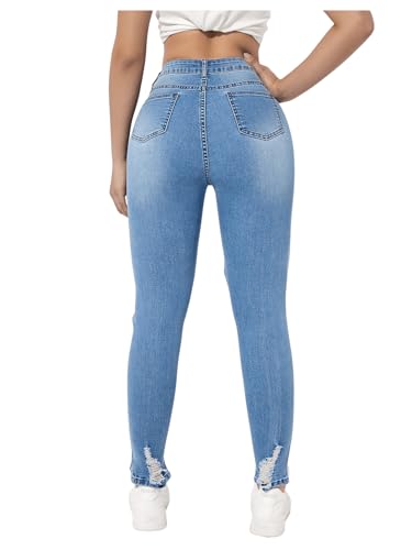 WDIRARA Women's High Waisted Ripped Raw Hem Skinny Jeans Distressed Cut Out Pants2