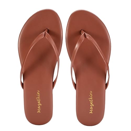 Image of mazeskin Women's Memory Foam Comfortable Flat Thong Sandals Dressy Summer Beach Leather Slide Flip Flops