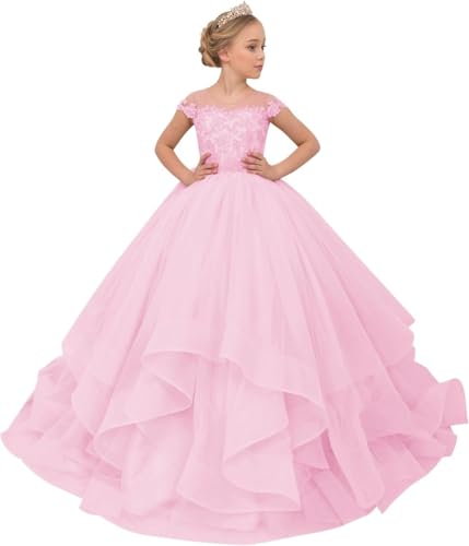 Girl’s Lace Applique Flower Girl Dresses Tulle Tiered Princess Pageant Dress Girls Long Prom Ball Gowns for Girls