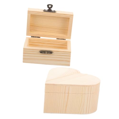 BCOATH 2個 手作り用未塗装木製収納ボックス ハート形 長方形 天然松木製 耐久性 小物整理やおもちゃ収納に オリジナル装飾可能