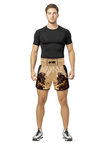 Image of AKIBA Muay Thai Shorts Satin Boxing Fight Training Shorts with Elastic Waistband and Side Slits for Ring Sparring and Gym Sessions Tribal Print