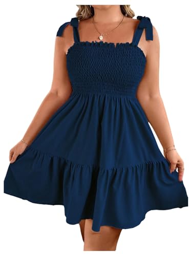 Image of Floerns Women's Plus Size Summer Knot Tie Shoulder Ruffle Straps Flounce Flowy Smocked Sundress Shorts Dress