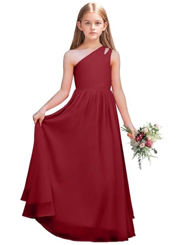 Junior Girls Bridesmaid Dress One Shoulder Flower Girl Wedding Party Dresses for Teen Chiffon Dress