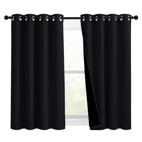 Image of NICETOWN Extra Long Truly Blackout Drapes for Hall and Villa, 46-inch Width Each Panel, 45-inch Length, Black, 2 Pieces, 100% Blackout Window Curtain Panels with Black Lined for Night Shift Worker