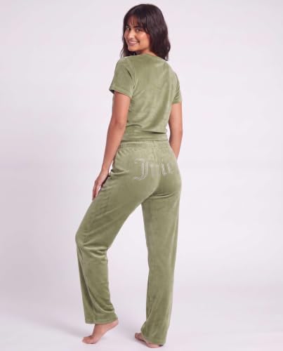Image of Juicy Couture Women's 2 Piece Velvet Fleece Short Sleeve Shirt and Pants Lounge Sleepwear Set