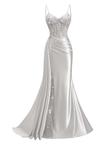 Rjer Mermaid Prom Dresses Long with Slit Spaghetti Straps Satin Prom Dresses for Women with Lace...