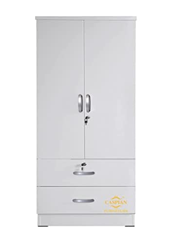 Image of CASPIAN Engineered Wood 2 Door Wardrobe (White) | Pre Assembled Home Furniture with Hanging Space | Cupboard /Almirah for Bedroom Clothes Storage Organizer with Removable Shelves & Drawers