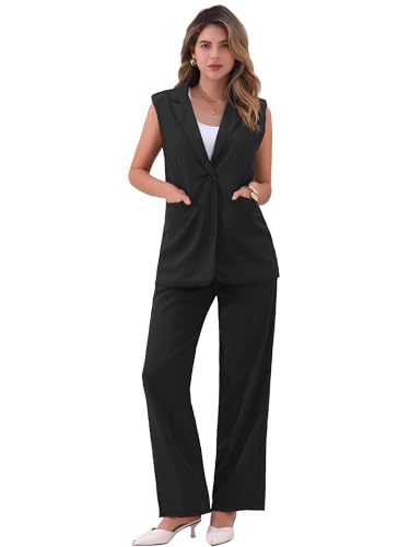 Allegra K Women's 2 Piece Set Business Casual Outfits Sleeveless Blazer and Wide Leg Dressy Pant Suits