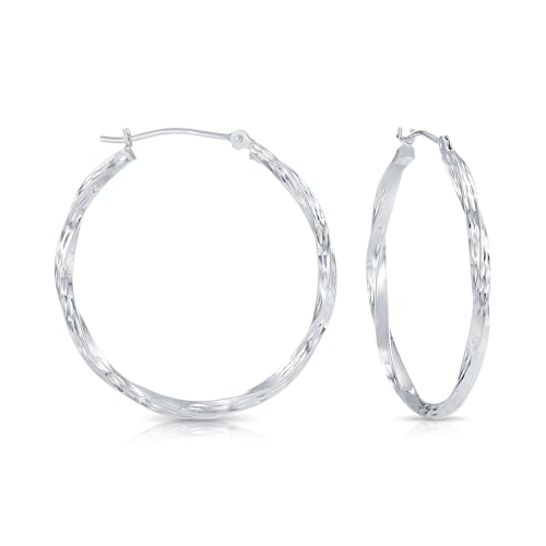 10K White Gold Diamond-Cut Twisted Round Hoop Earrings4