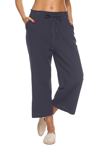 Image of LNX Womens Linen Capri Pants Wide Leg High Waisted Drawstring Casual Cropped Pants with Pockets