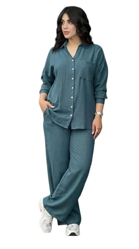 Image of Women's Solid Color Two-Piece Set | Long Sleeve Top & Wide Leg Pants Co-ord Set | Casual Wear Co ord Set