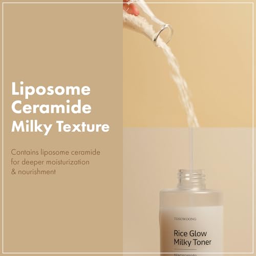 TOSOWOONG Rice Glow Milky Toner with 784,000ppm Korean Rice Water, Niacinamide, Ceramides, Panthenol, Glow, Glass Skin, Hydrating, Purifying, Fragrance-Free, Korean Skin Care, 250ml, 8.45 fl.oz.