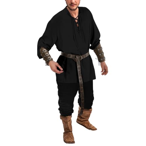 Gefomuofe Costume Viking pour Homme - Ensemble de 4 Pièces avec Chemise en Lin, Pantalon et...