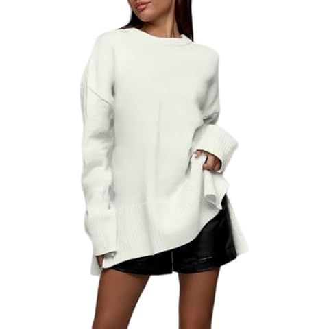 Aygience Women's Fall Fashion Casual Knit Sweaters Crewneck Long Sleeve Lightweight Winter Tops White Cover