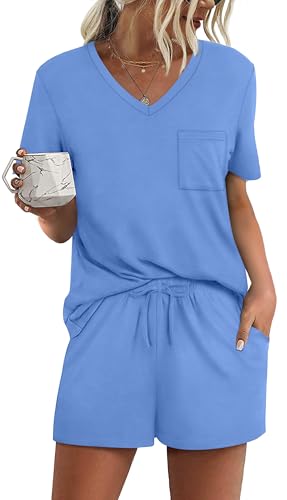 Image of RUBZOOF Women's Short Sleeve Pajama Sets with Pockets Casual V Neck 2 Piece Lounge Sets S-3XL