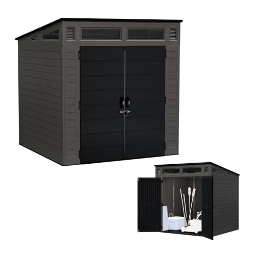 Suncast Modern Outdoor Storage Shed, 200 cu. ft. Peppercorn Resin Shed for Lawn Mower, Bikes, Utility Tools, Patio, & Yard. Weatherproof & Lockable Modern Sheds & Outdoor Storage, Made in USA