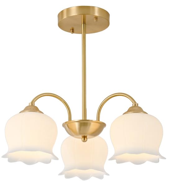 3 Light Mid Century Modern Sputnik Chandelier Brushed Brass Milk Glass Surround Hanging Lamp Nordic White Flower Pendant Light for Dining Room Table Kitchen Bedroom Living Room
