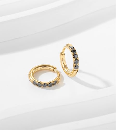 Image of Hypoallergenic Unisex Surgical Steel Small Cubic Zirconia Huggie Hoop Earring, Color Gold - Silver - Rose Gold - Black - Rainbow, Size 6mm- 12mm Safe for Sensitive Ear