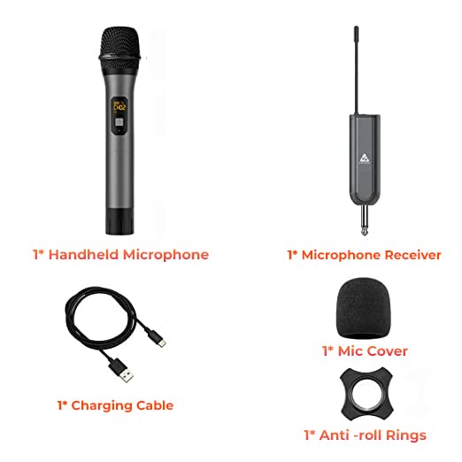 Image of Audio Array AM-W13 UHF Wireless Premium Metal Microphone | 4+ Hours Receiver Battery Backup | Range up to 60m | Karaoke Singing, Wedding, DJ | Compatible with PA System, Amplifier, Mixer, Party Box