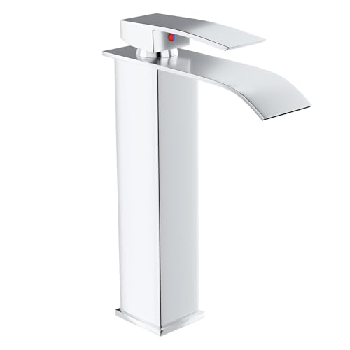 VOLTIX Rubinetto per Bagno a Cascata - Miscelatore Monocomando per Lavabo con Risparmio Idrico - Regolabile per Acqua Calda e Fredda - Rubinetto Lavabo Moderno Design Elegante per Bagno (Cromato/Alto)