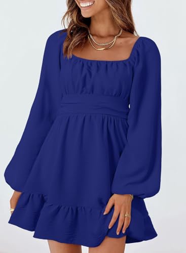 Image of Dokotoo Womens Dress Lantern Sleeve Elastic Waist Tie Backless Mini Dress | Square Neck,Off Shoulder,Flowy,Ruffle A-Line,Casual,Mini Dress,Beach Vacation Clothes,Fall Outifits,Wedding Guest,Boho