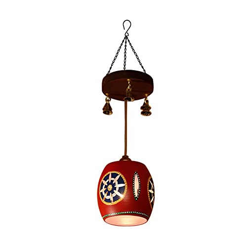 Image of AAKRITI ART CREATIONS Star Glow Red Handcrafted Metal Pendant Lamp with Mango Wood Rosette for Living Room Ceiling | Hanging Lamp Decor | Ceiling Hanging Lights for Living Room | Fancy Lights for