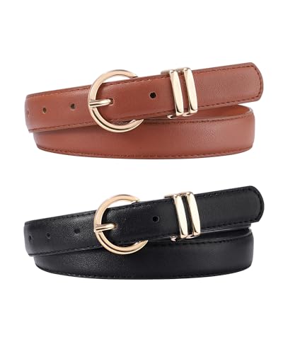 AWAYTR 2 Pcs Kids Girls Leather Belt, Fashion Gold Buckle Belts for Teen Girls Jeans Dress, Black/Brown, Fit Waist 18-22 in